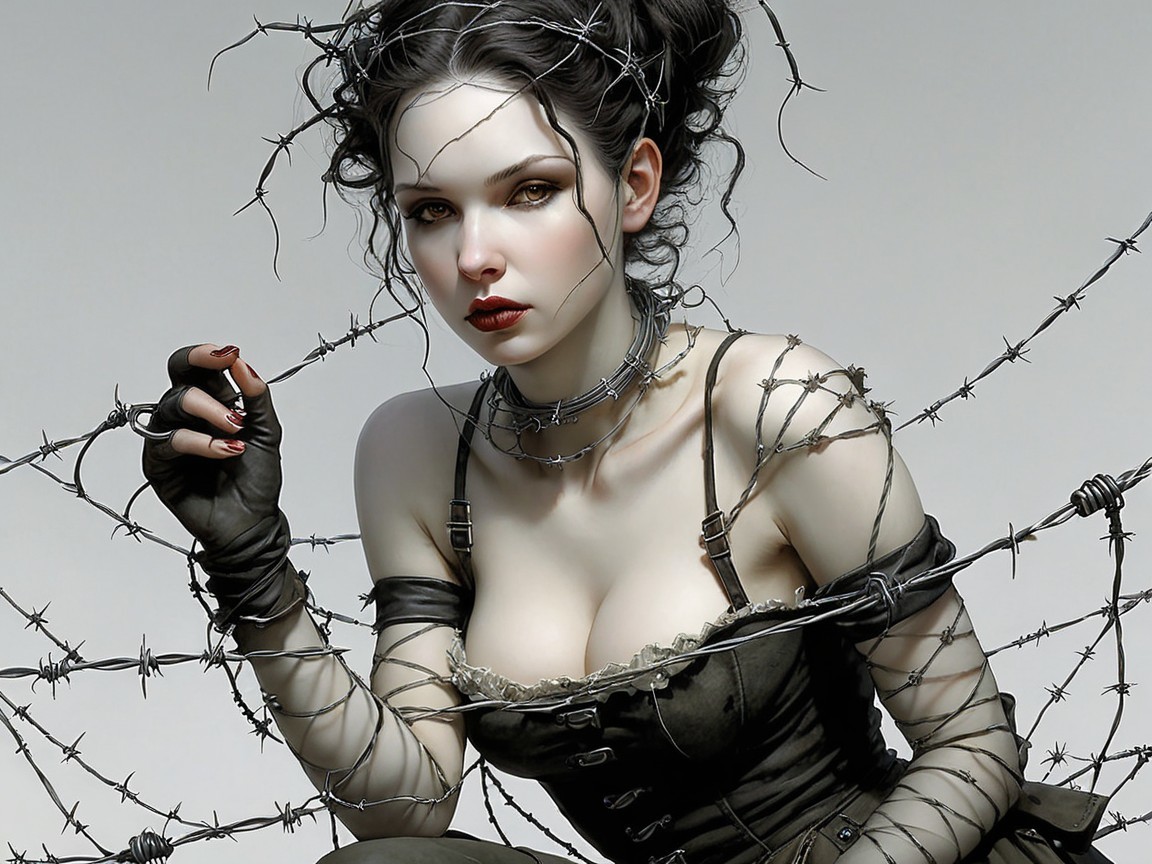Pale Figure in Vintage Dress Entangled in Barbed Wire
