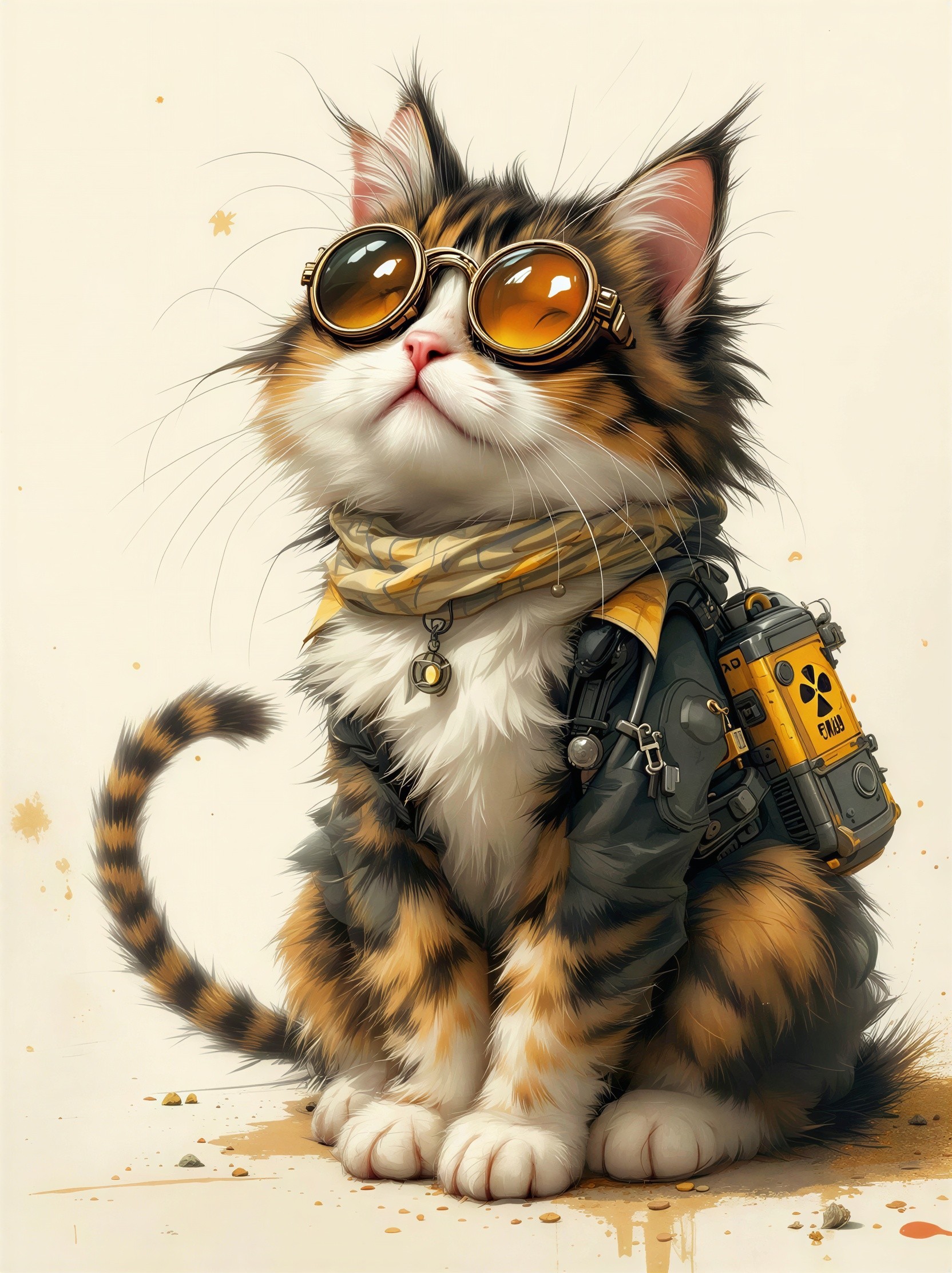 Fluffy Calico Cat in Steampunk Goggles and Jacket