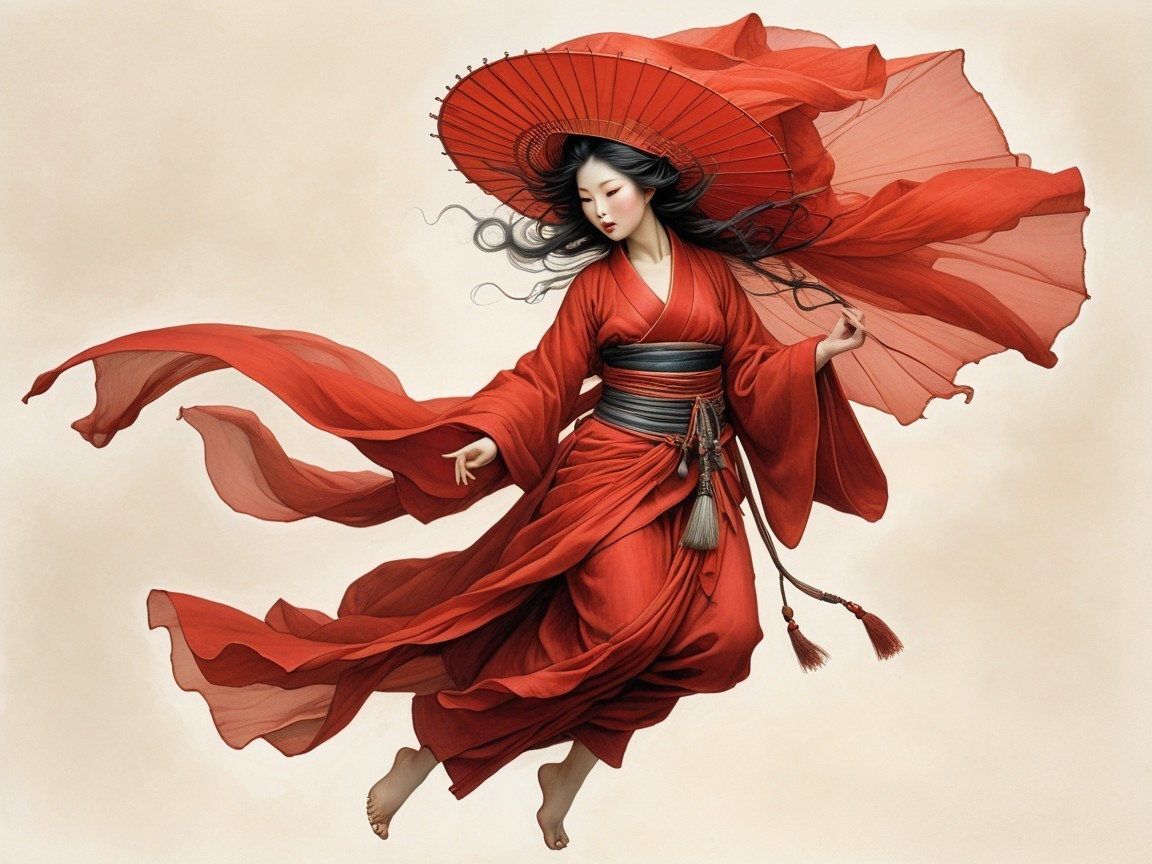 Graceful dancer in red kimono with vibrant parasol