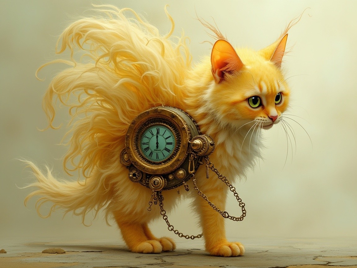 Whimsical Orange Cat with Steampunk Pocket Watch