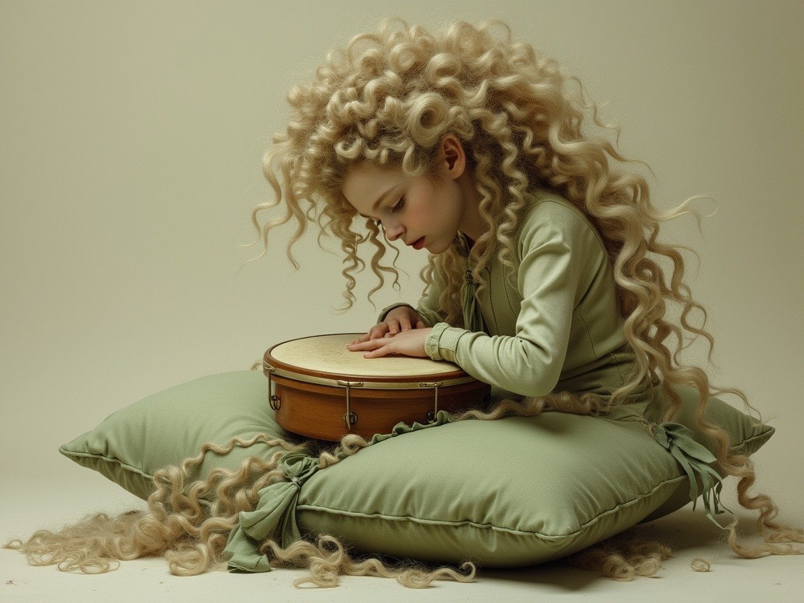 Young girl with curly blonde hair playing a drum