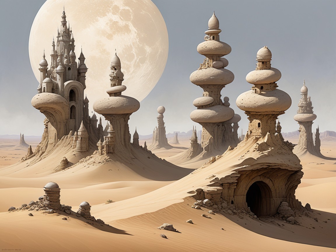 Surreal Desert Landscape with Whimsical Structures