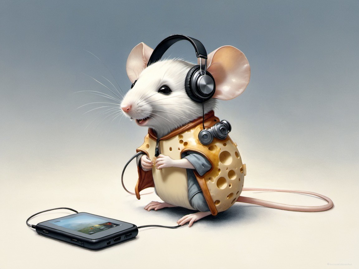 Cartoon Mouse in Cheese Jacket Enjoying Music