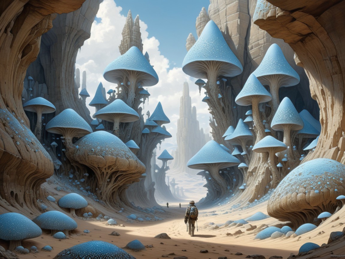 Surreal Landscape with Towering Mushrooms and Spacesuit