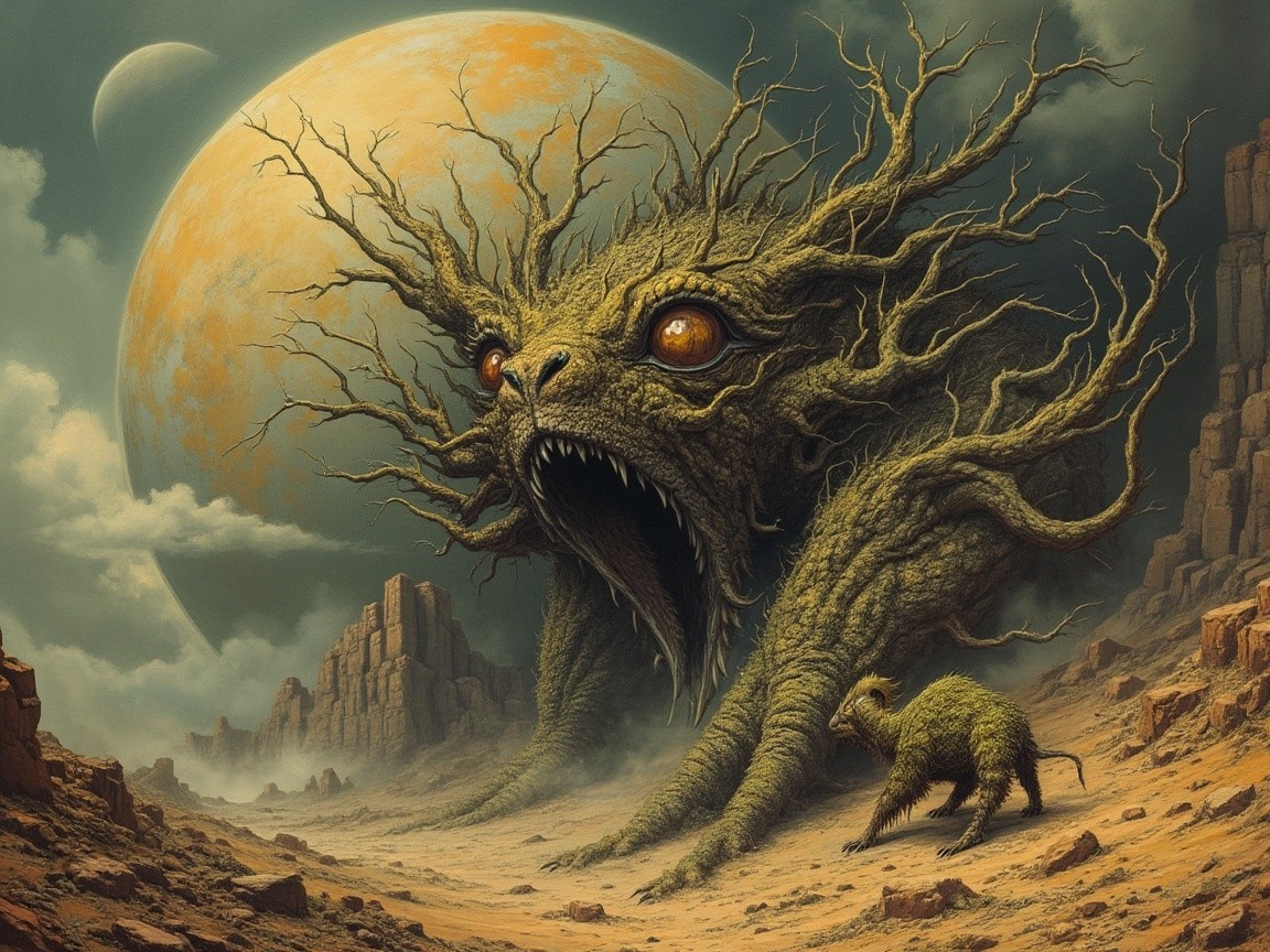 Colossal Tree Creature in a Desolate Landscape
