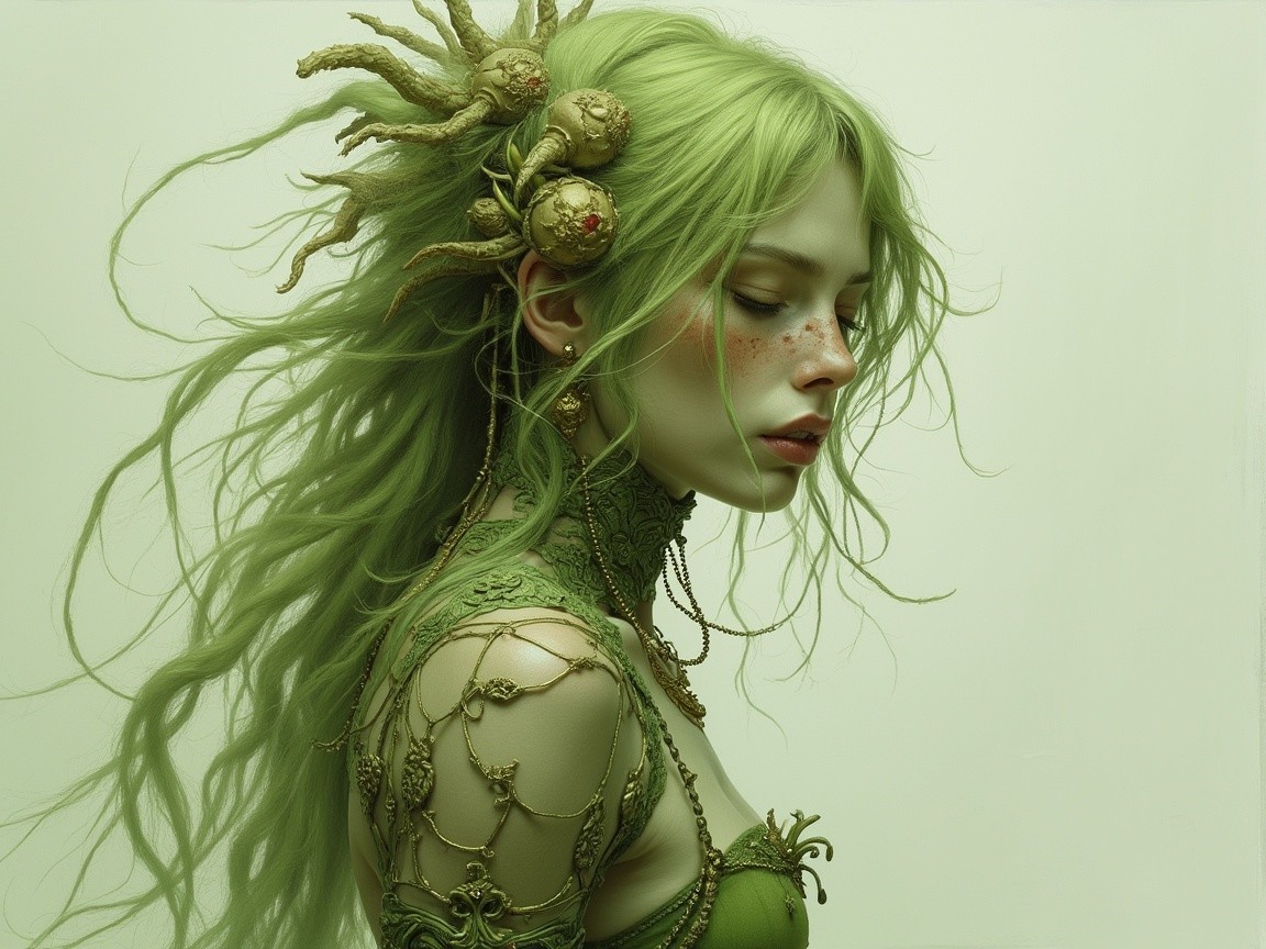 Ethereal figure with green hair and nature-inspired attire