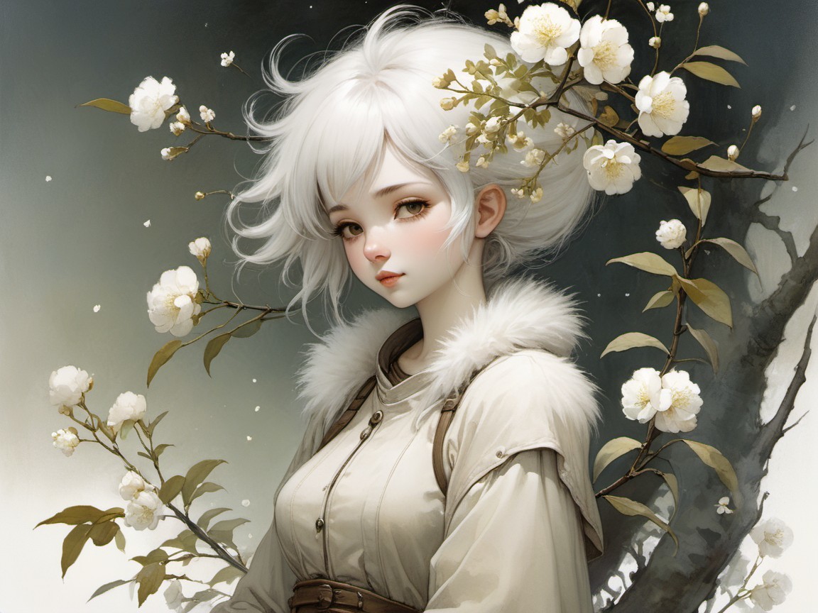 Young woman with white hair in serene floral setting