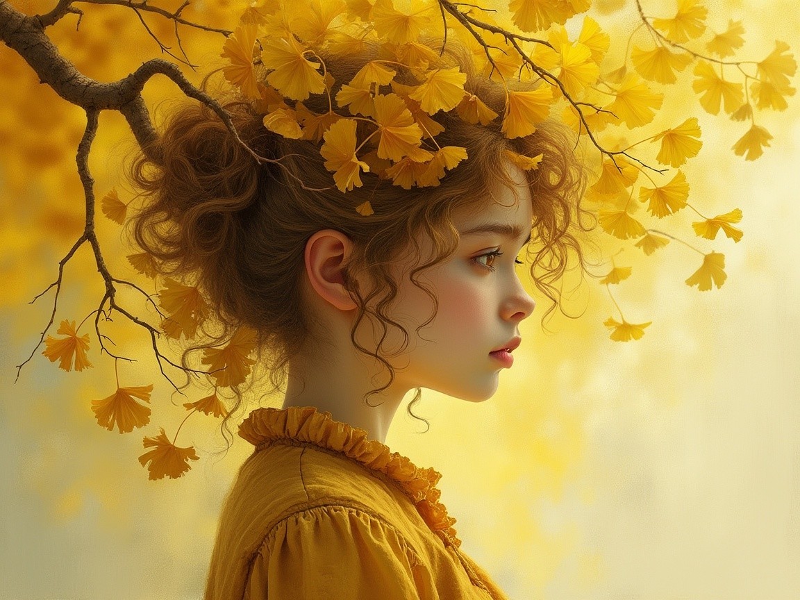 Young girl in yellow blouse with ginkgo crown portrait