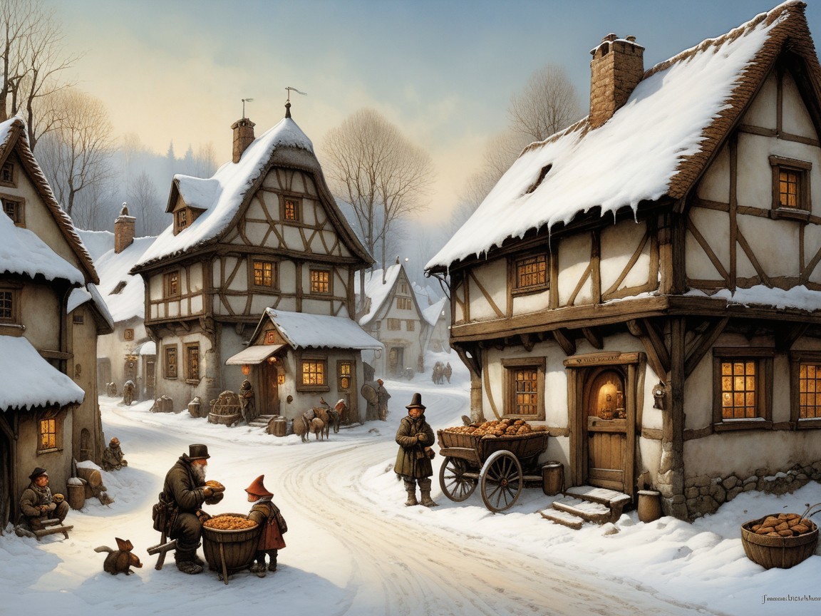 Cozy winter village scene with snow-covered houses
