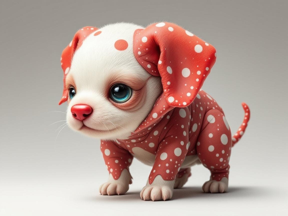 Chubby Puppy with Blue Eyes and Polka-Dotted Outfit