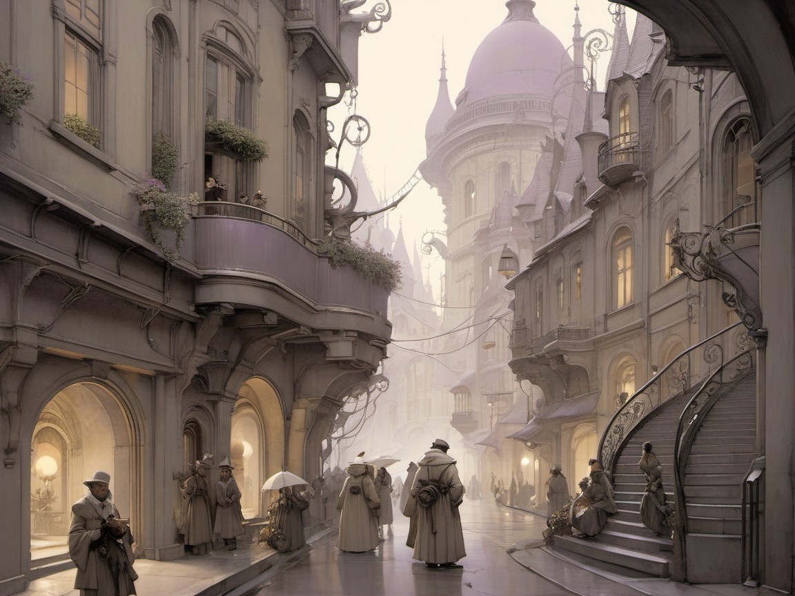 Foggy Street in a Fantastical City with Elegant Buildings