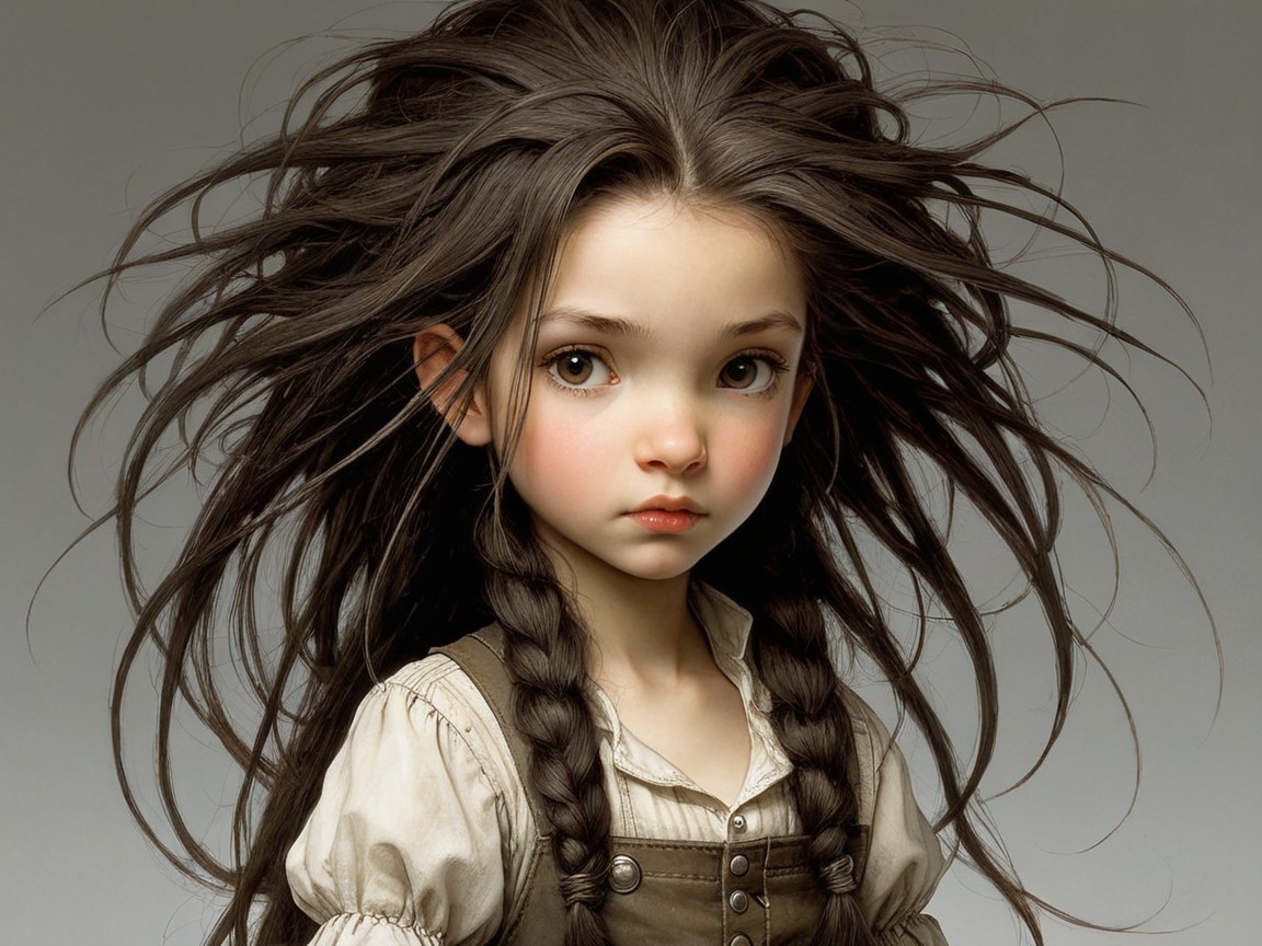 Young girl with wild dark hair and soft features