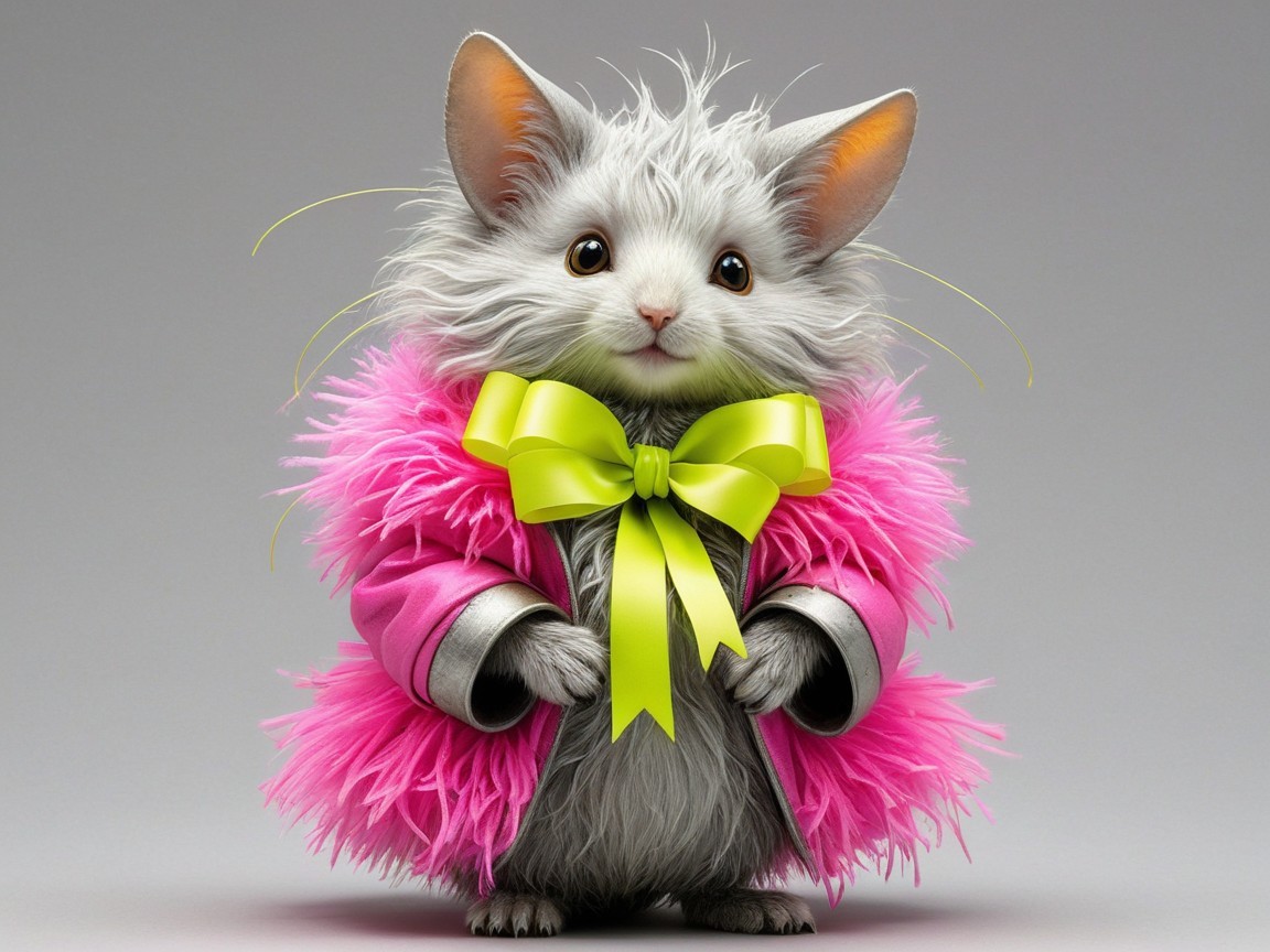 Whimsical Gray Cat-like Creature in Pink Coat