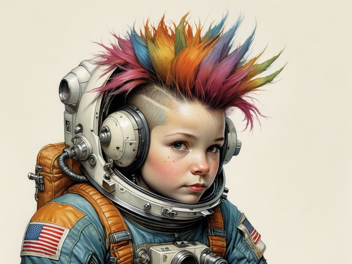 Young Astronaut with Colorful Hair in Space Suit