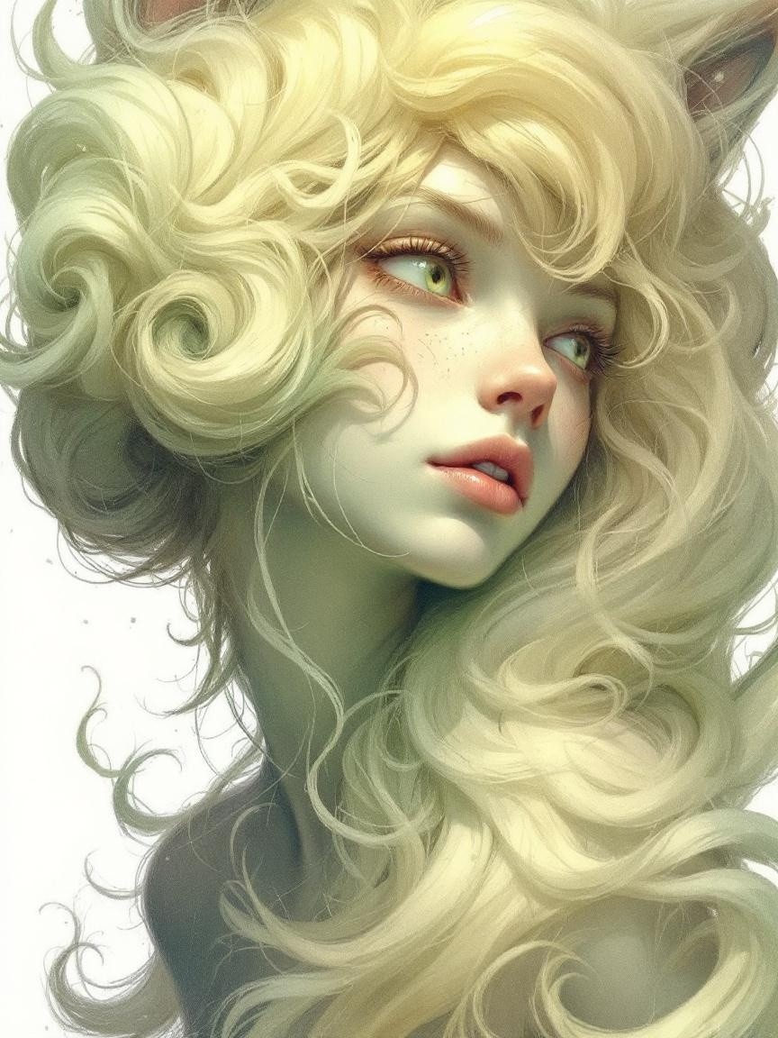 Ethereal figure with blonde hair and green eyes
