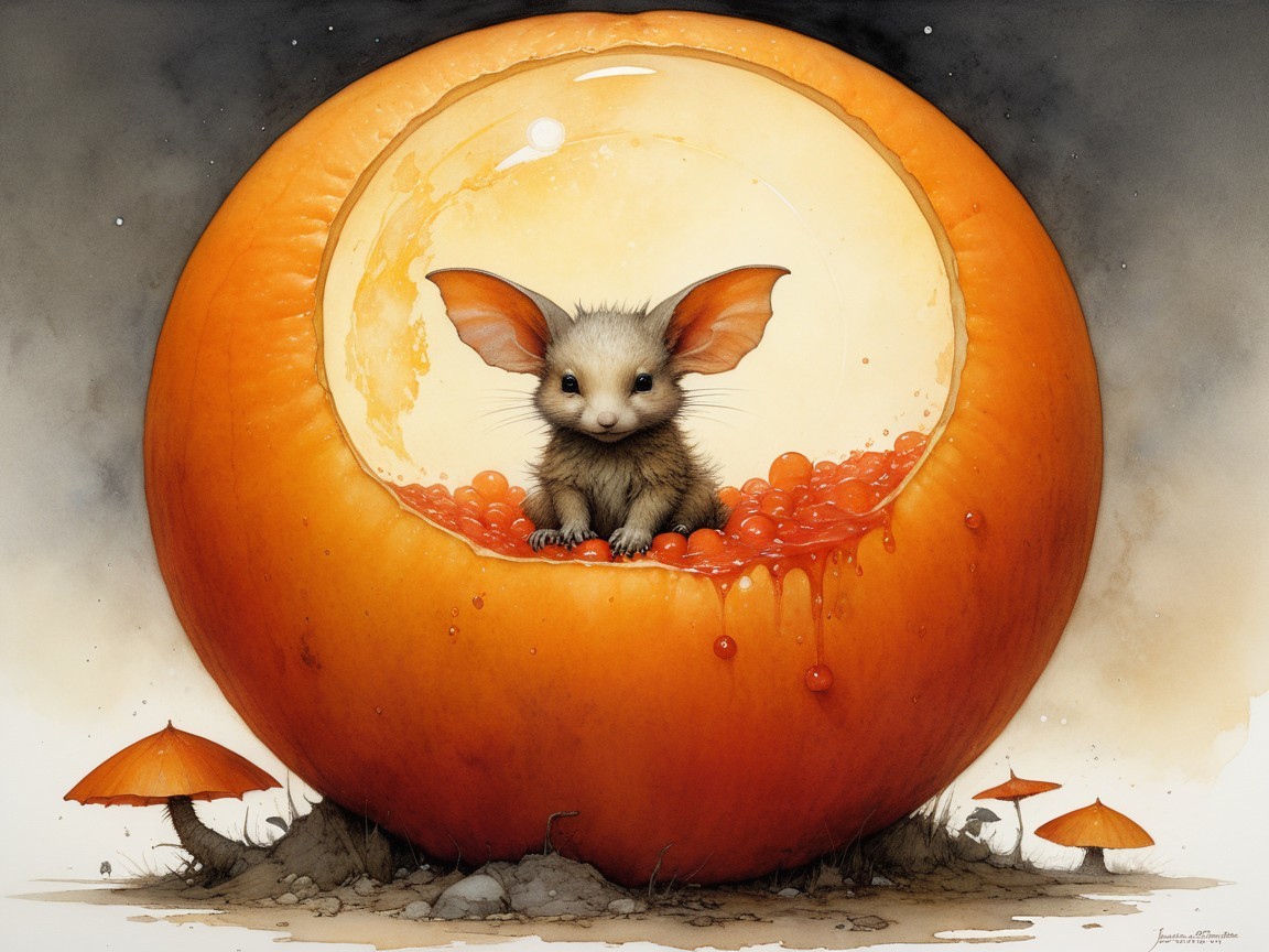 Whimsical creature in orange with red mushrooms backdrop
