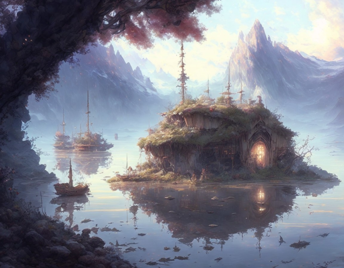 Cottage Island Scene with Mountains and Sailing Ships