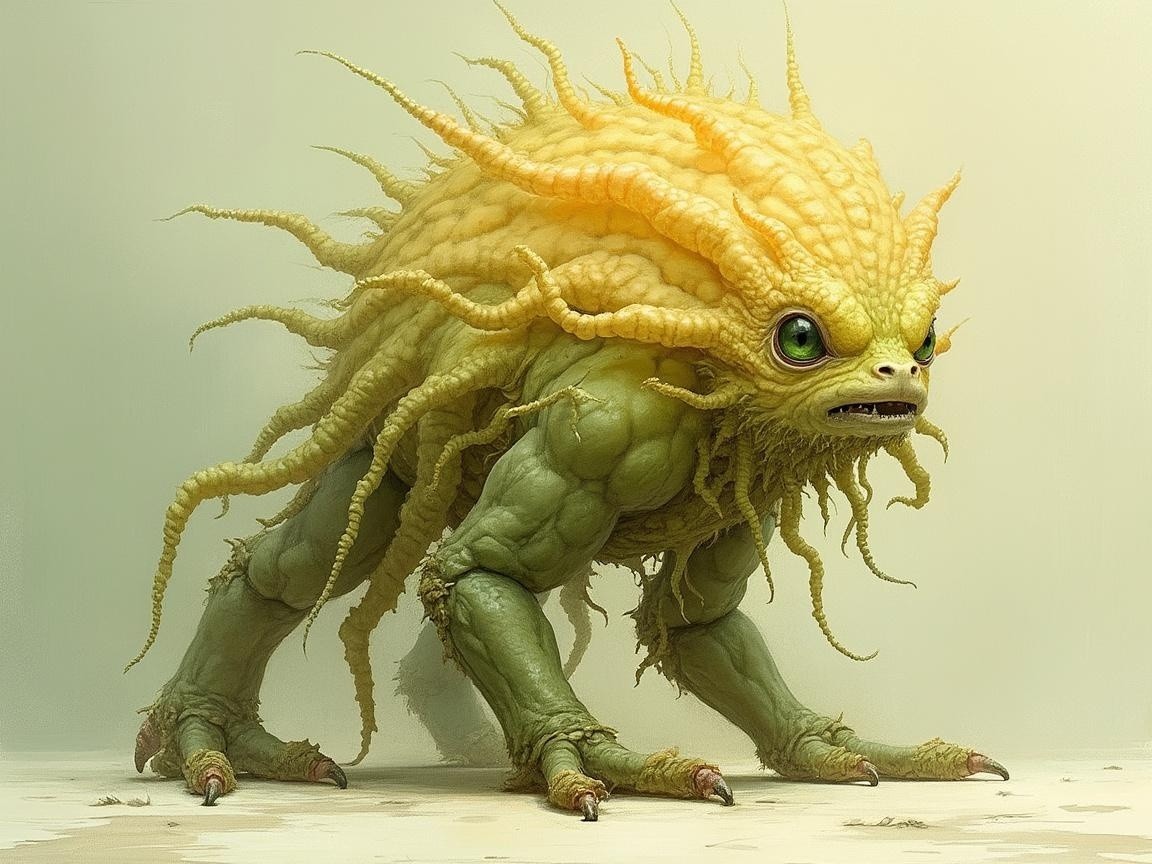 Muscular Creature with Yellow Spiky Mane and Green Body