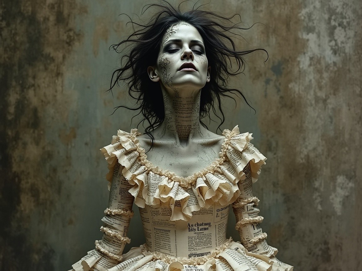 Haunting Figure in Layered Page Gown Against Distressed Background