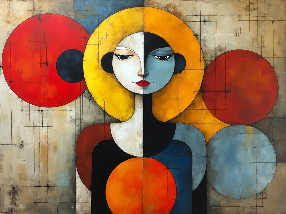 Stylized Figure with Geometric Shapes and Bold Colors