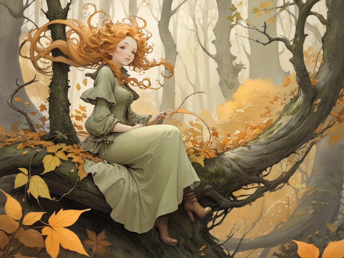 Serene figure on a tree branch in a mystical forest