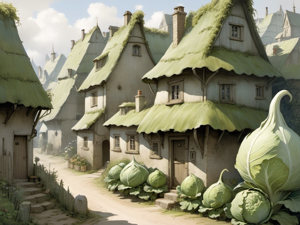 Whimsical Village with Mushroom-Shaped Houses and Cabbages