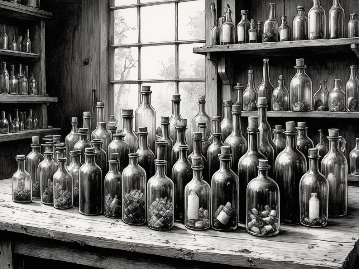 Rustic Wooden Shelves with Glass Bottles and Sunlight