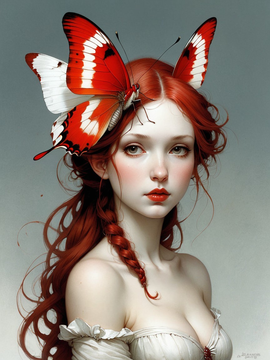 Young woman with red hair and butterfly headdress