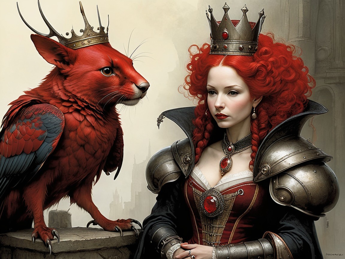 Regal Woman in Armor with Red Griffin in Mystical City