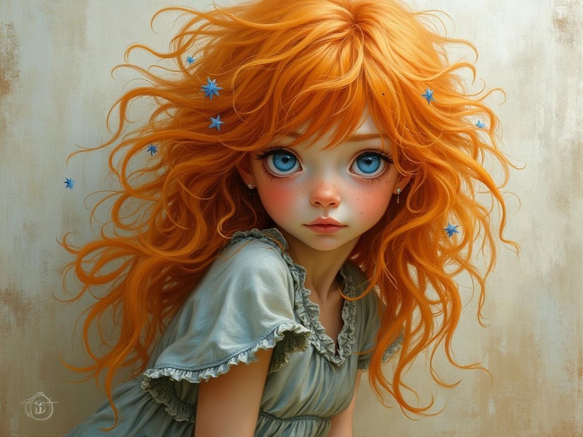 Young girl with curly orange hair and blue flowers