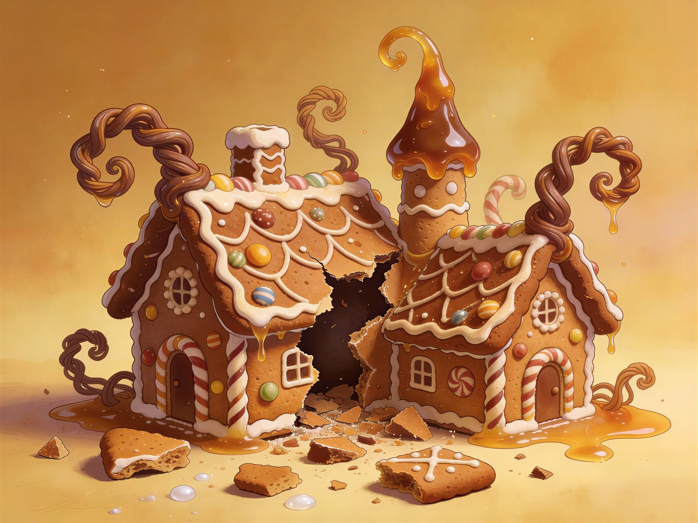 Whimsical Painting of Broken Gingerbread Houses
