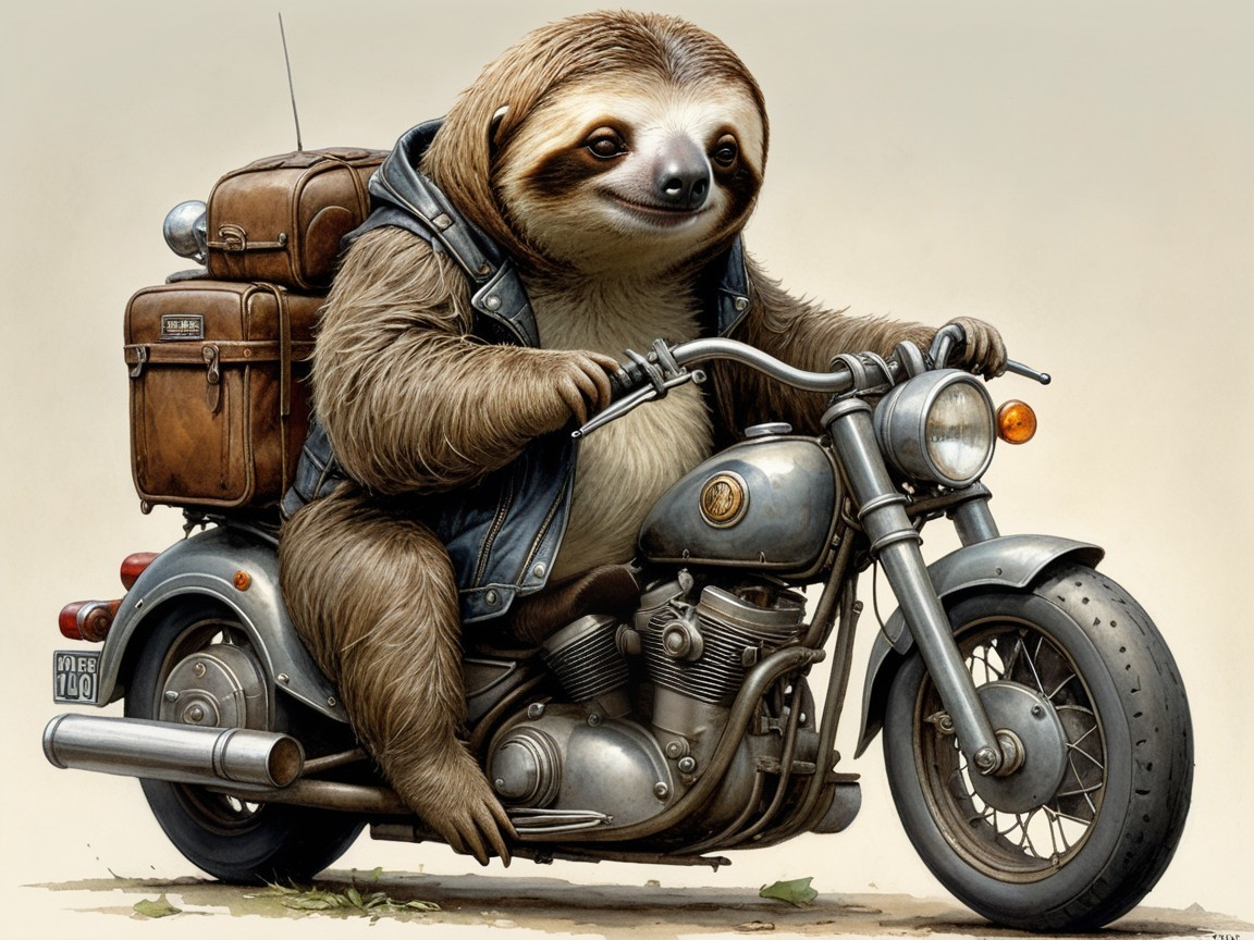 Sloth on Motorcycle in Denim Vest with Backpack