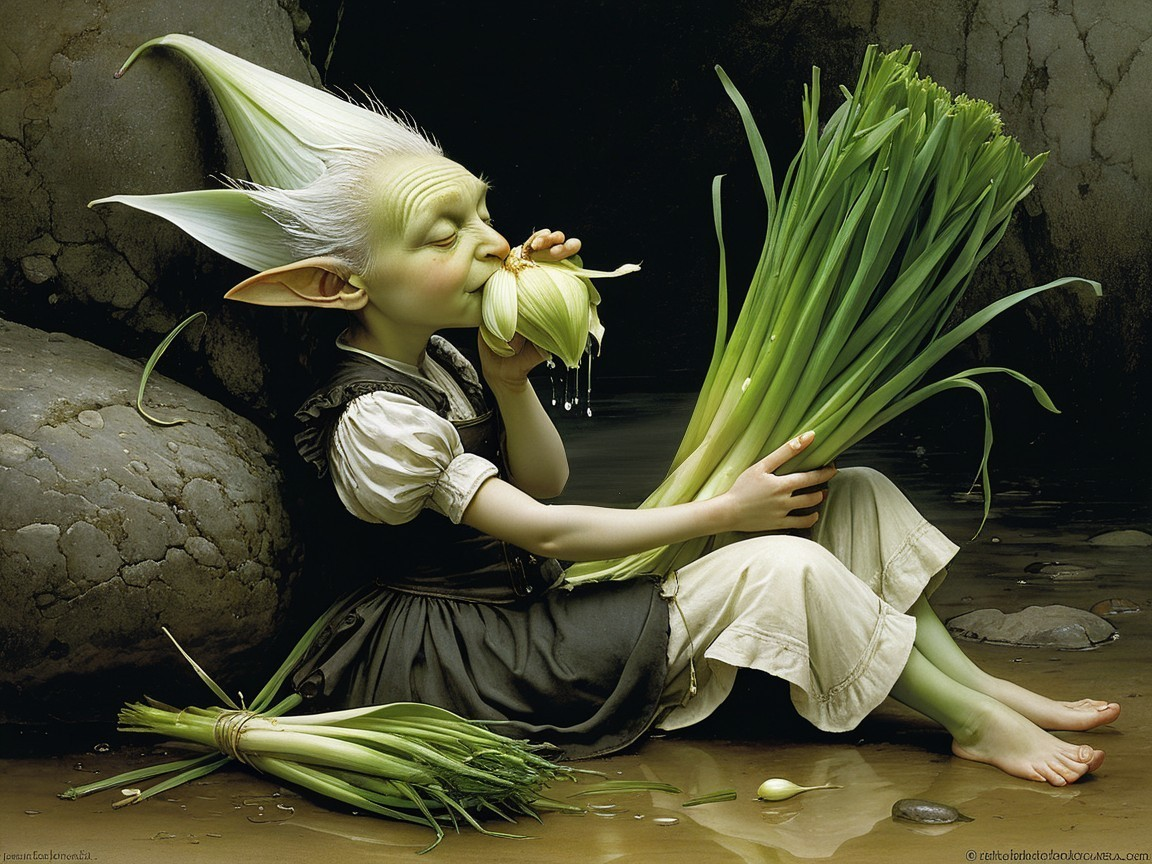 Whimsical green creature feasting on fresh leeks