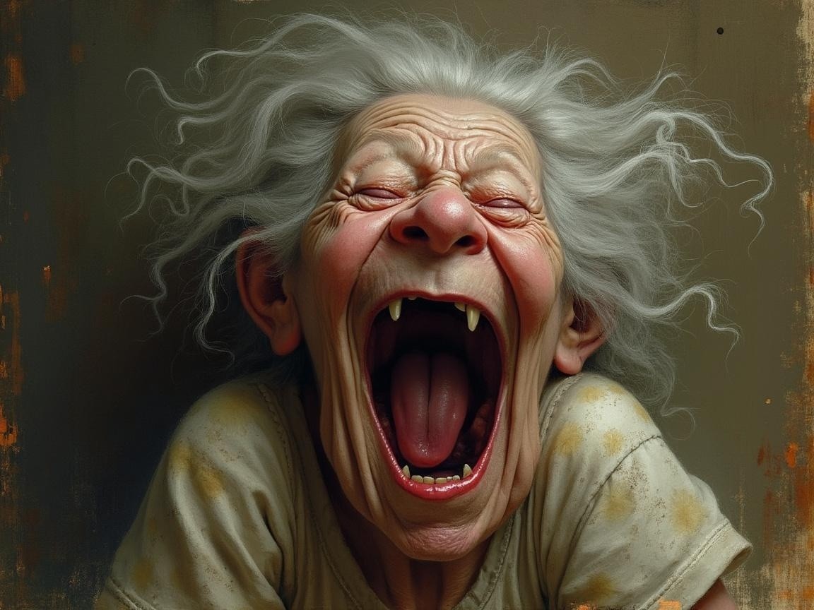 Humorous Portrayal of an Elderly Character with Wild Hair