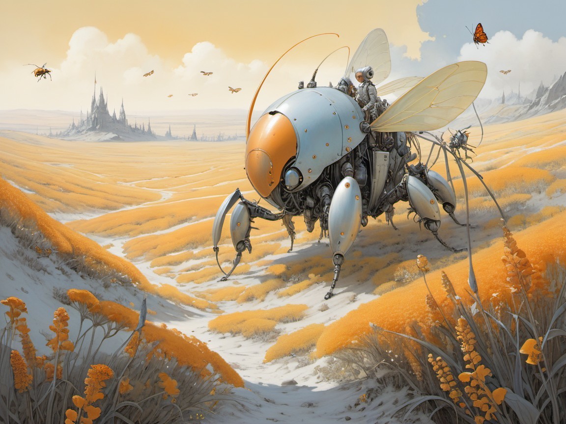 Surreal Landscape with Robotic Bee and Whimsical Castle