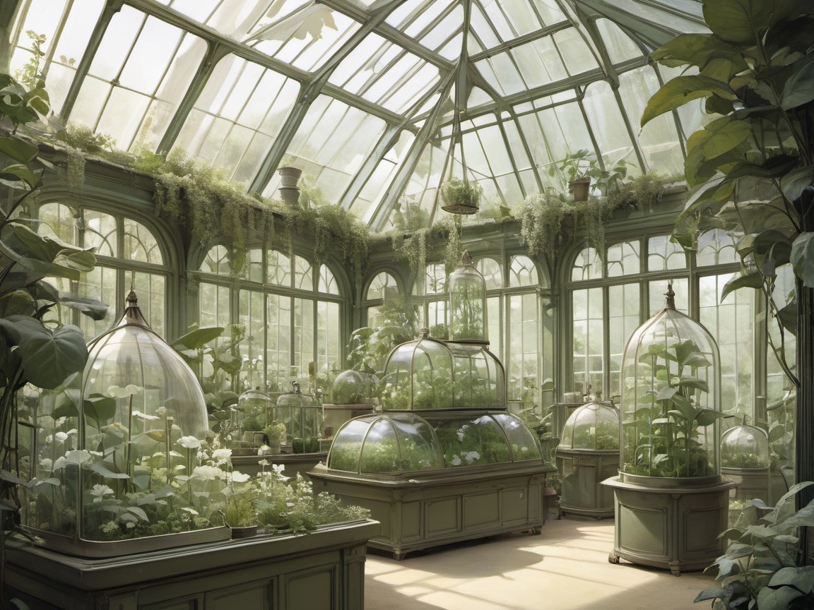 Serene Greenhouse with Lush Plants and Sunlight