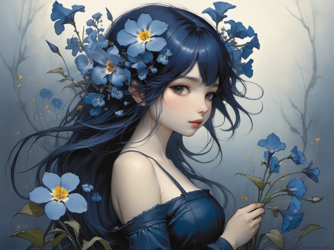 Serene Young Woman with Dark Blue Hair and Flowers