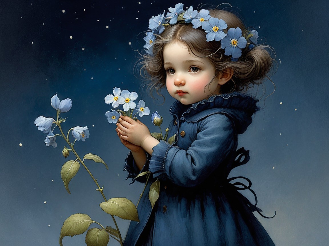 Young girl in blue dress with starry backdrop