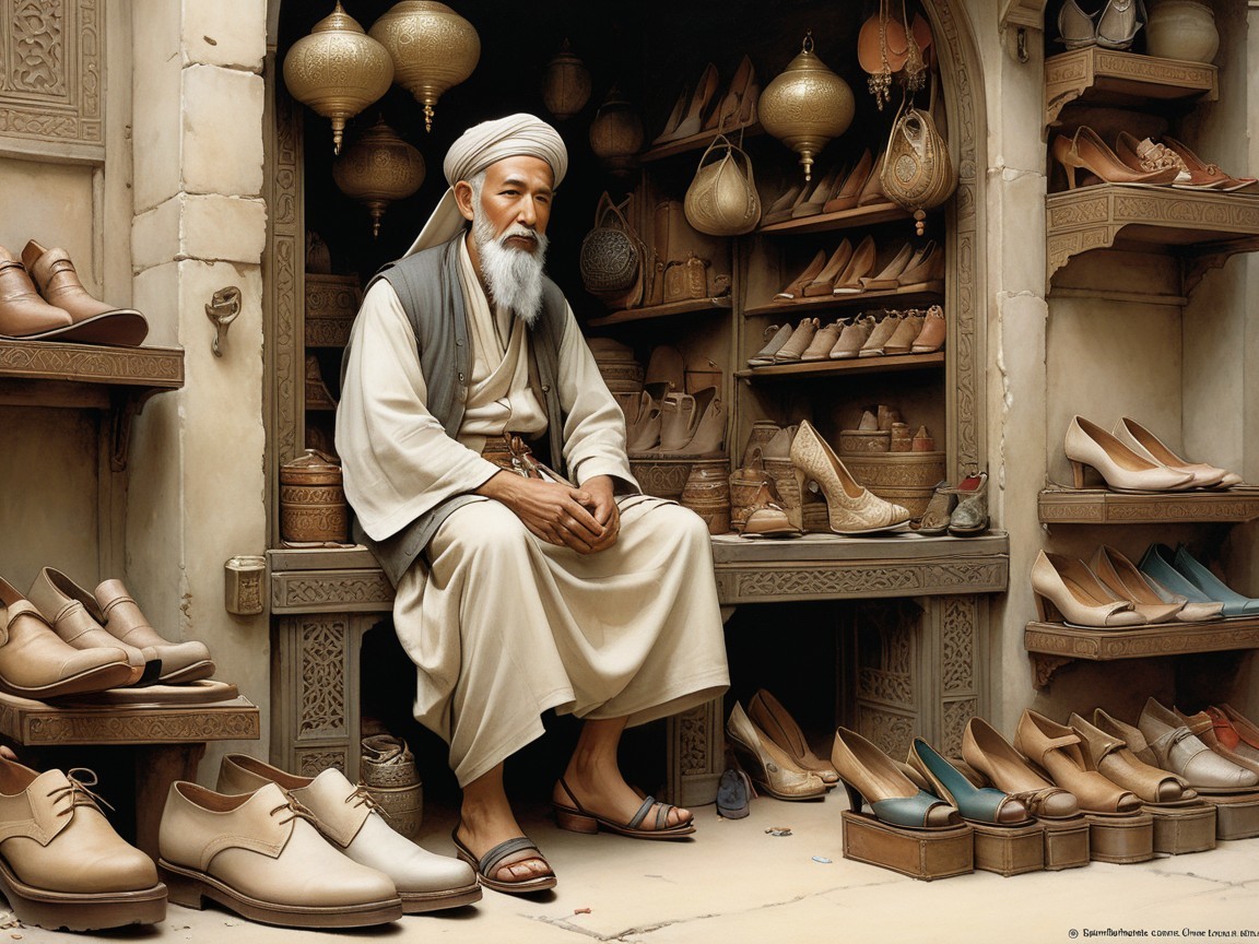 Elderly Man in Quaint Shoe Shop Surrounded by Footwear