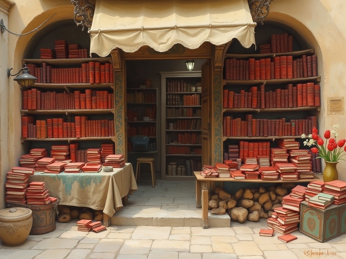 Charming Bookshop Entrance with Red Book Displays