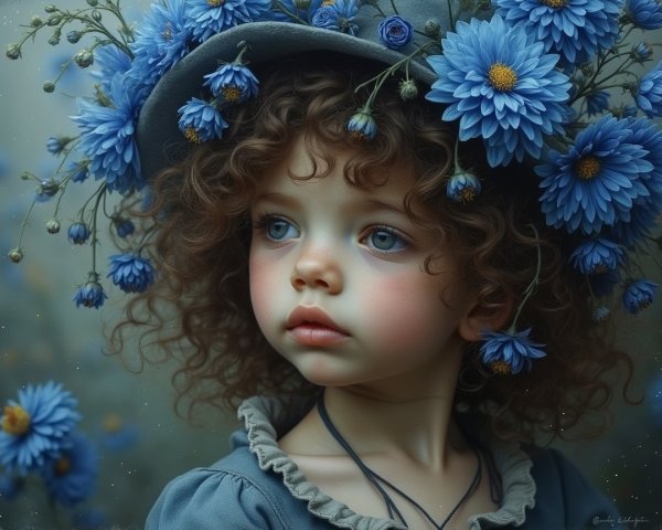 Child with curly hair in whimsical flower hat