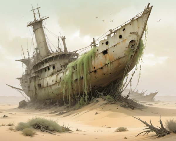 Abandoned Ship in Desert Landscape with Vegetation