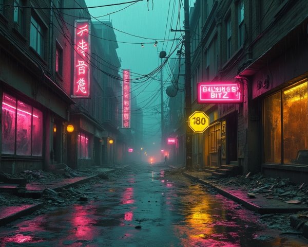 Foggy Cyberpunk Street Scene with Neon Lights