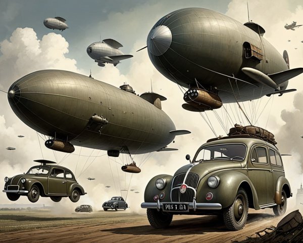 Vintage Cars and Dirigible Airships in Surreal Landscape