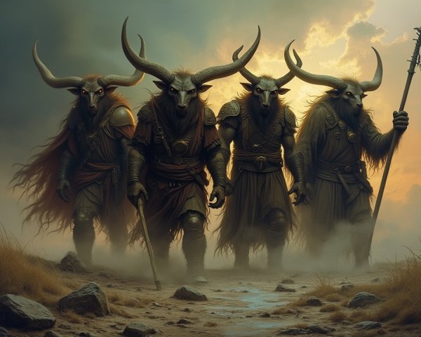 Armored Figures with Bull Skull Headdresses in Misty Landscape