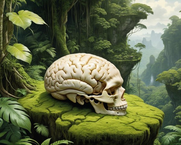 Skull and Brain on Mossy Rock in Jungle Landscape