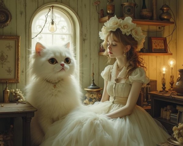 Vintage Room with Girl and Fluffy White Cat