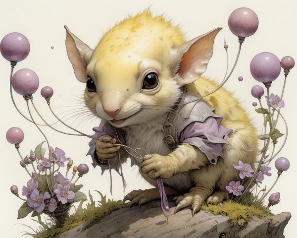 Whimsical Creature Surrounded by Purple Flowers and Orbs