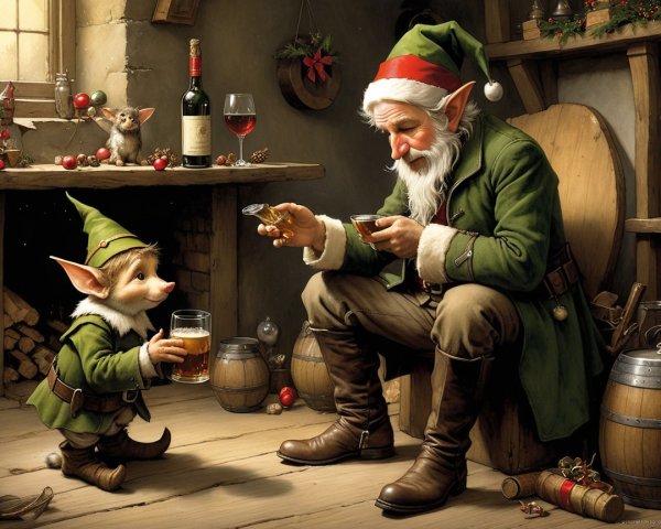 Festive Elves in Rustic Room with Drinks and Fireplace