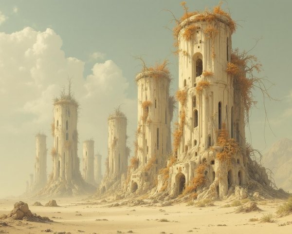 Ancient Towers in Barren Landscape with Vines